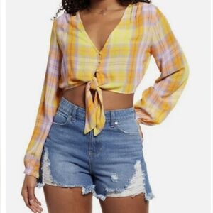 BP NWT M Yellow Multicolor Tartan Plaid‎ Long Sleeve Crop Top Clueless Preppy